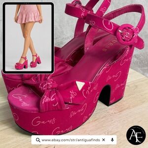Guess Gerachel Hot Pink Logo Platform Sandals Knotted Bow Block Heels Womens 9M